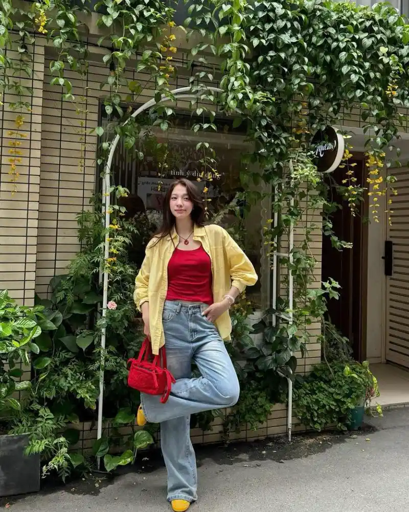Yellow Shirt, Red Top & Light Wash Jeans