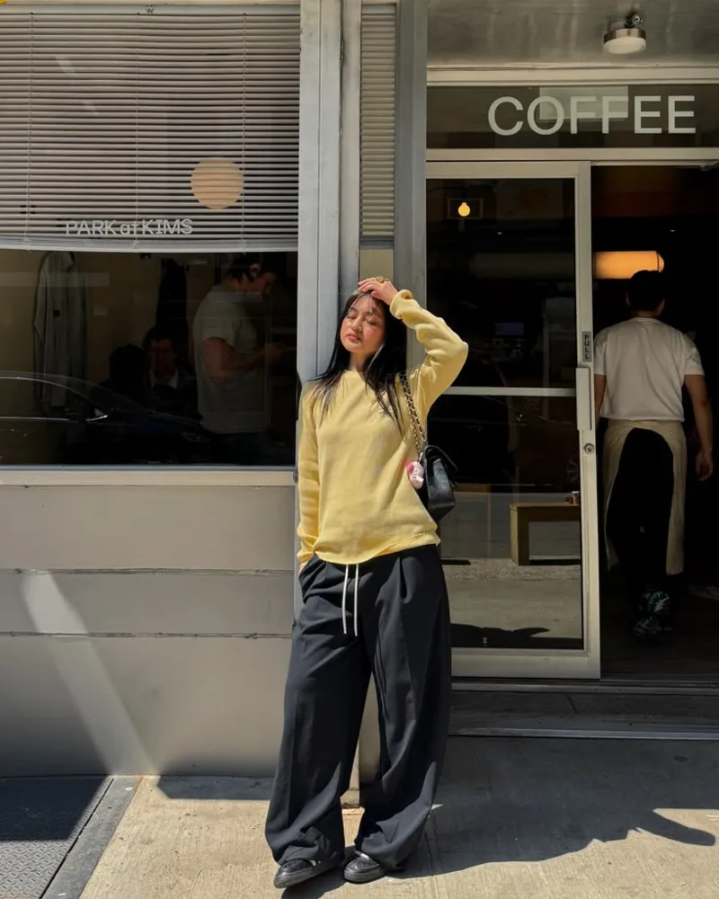 Yellow Sweater & Black Wide-Leg Trousers