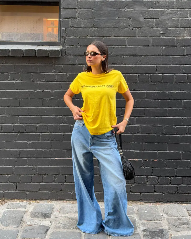 Yellow Tee & Wide-Leg Denim