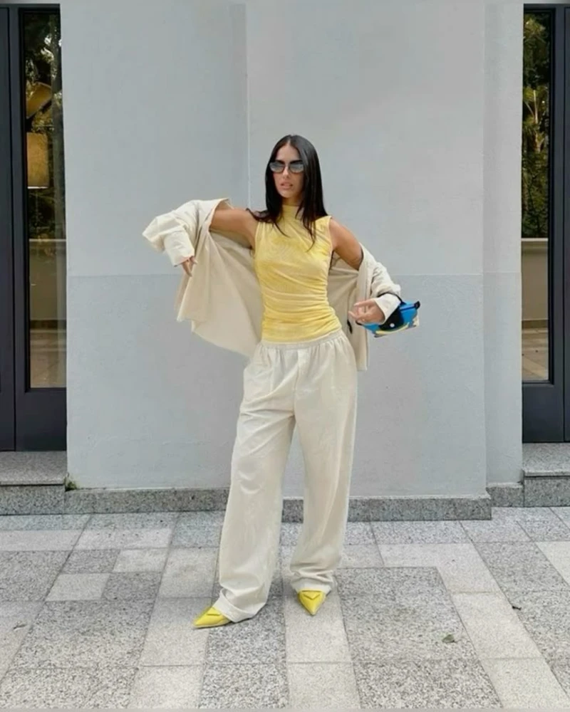 Yellow Top & Cream Wide-Leg Pants