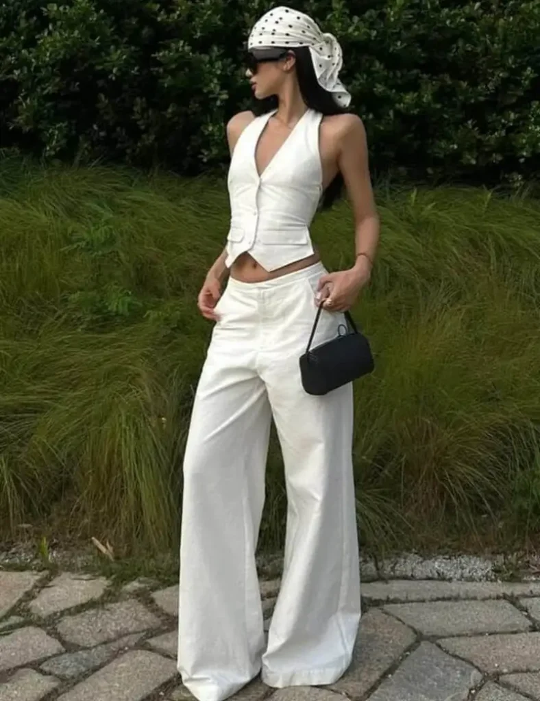 All-White Waistcoat + Wide-Leg Trousers + Headscarf