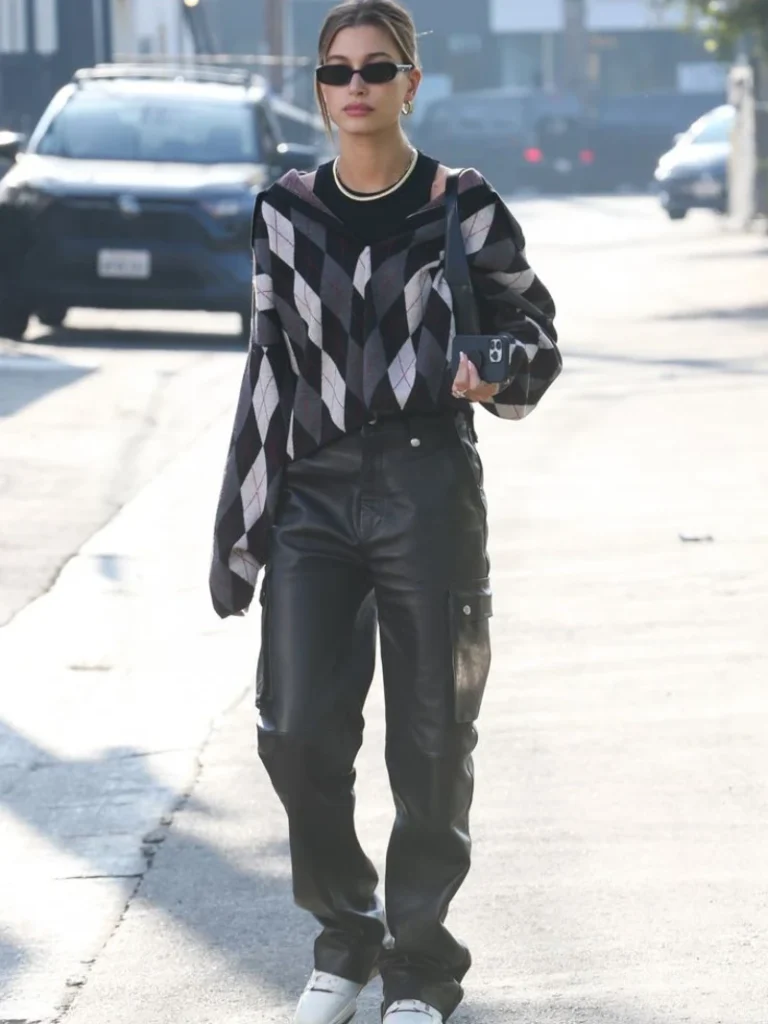 Argyle Sweater With Leather Cargo Pants
