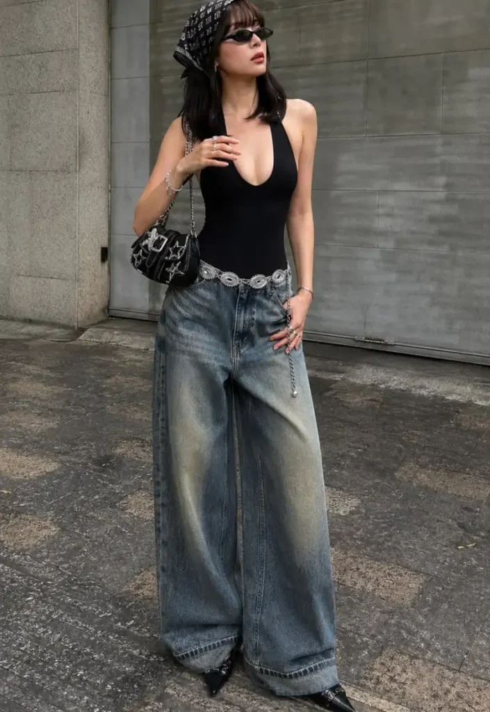 Bandana Headscarf, Plunge Bodysuit, and Faded Wide-Leg Jeans
