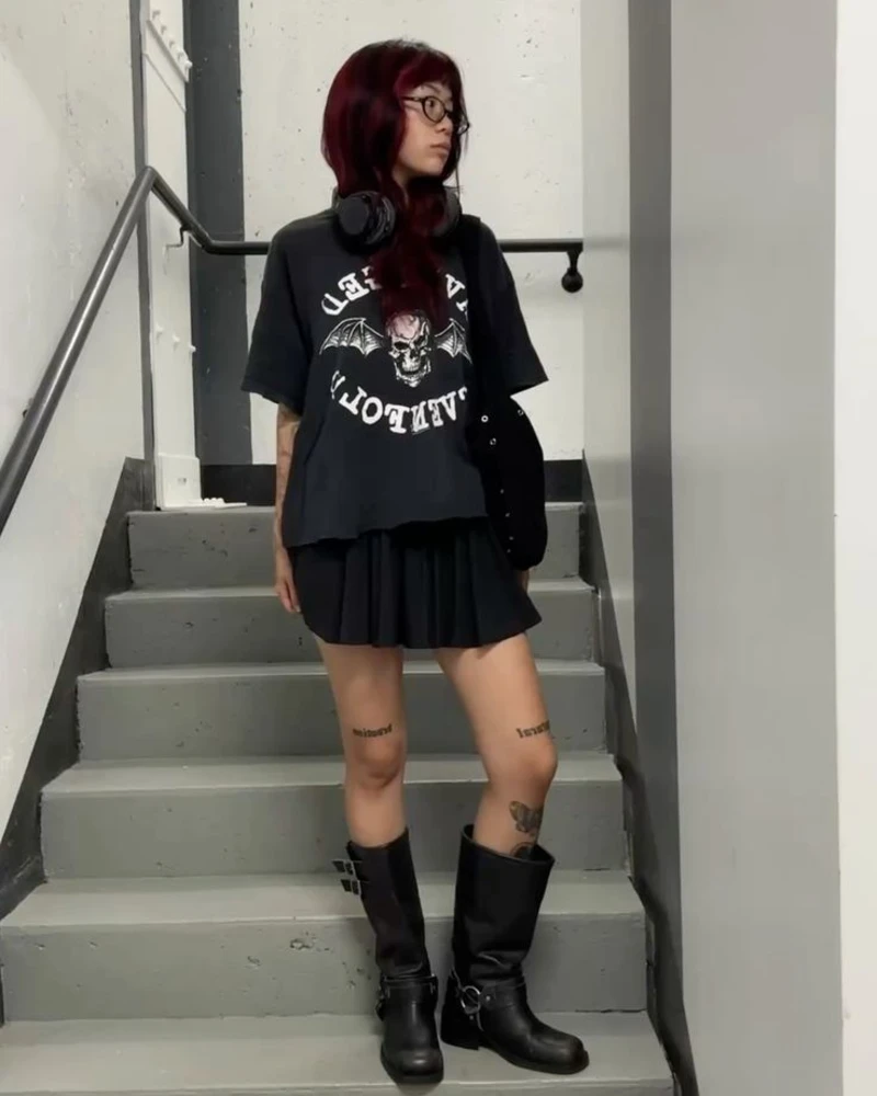 Bat & Skull Graphic Tee with Pleated Mini Skirt