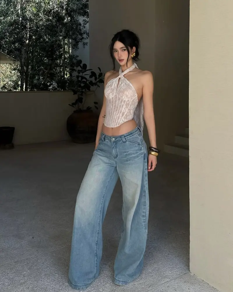 Beaded Halter Top with Faded Wide-Leg Jeans