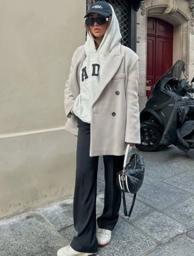 Beige Blazer Over a Hoodie with Wide Trousers