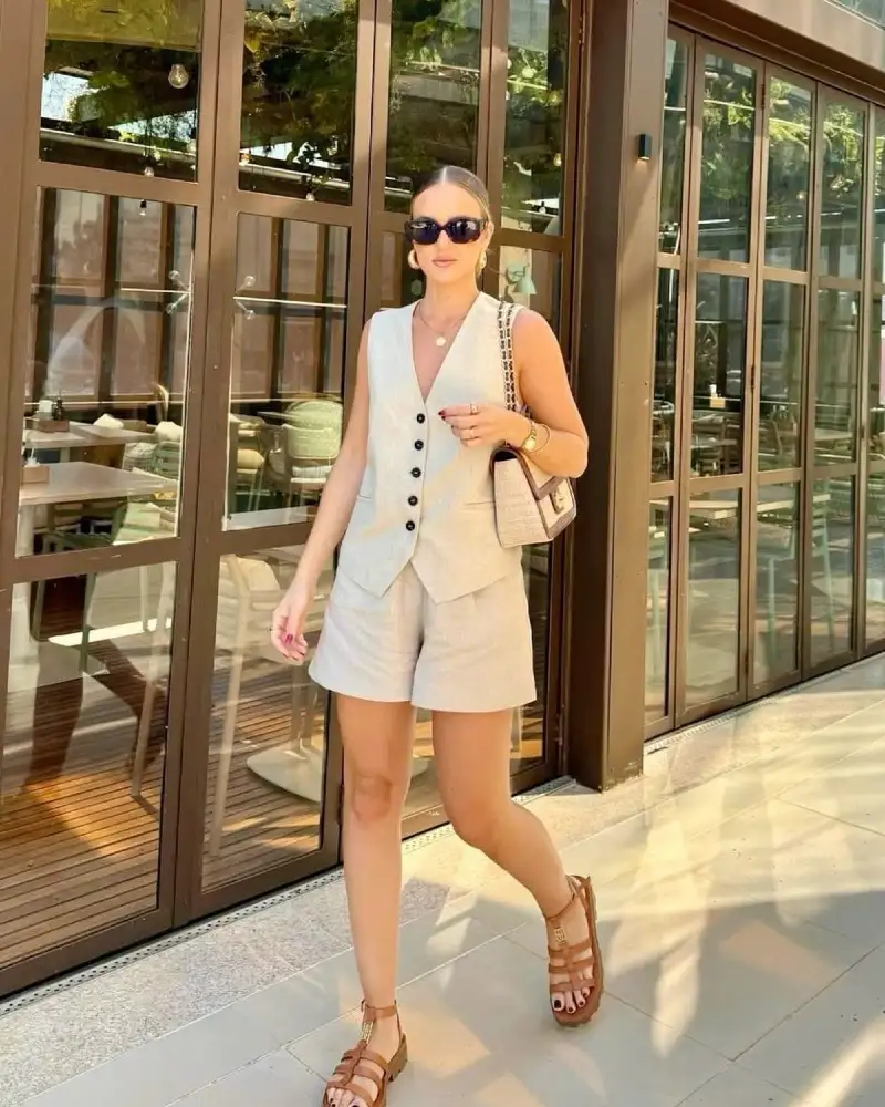 Beige Linen Vest & Shorts Set