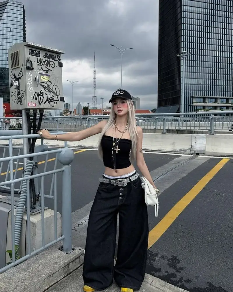 Black Bandeau Top with Rhinestone Belt and Black Wide-Leg Denim