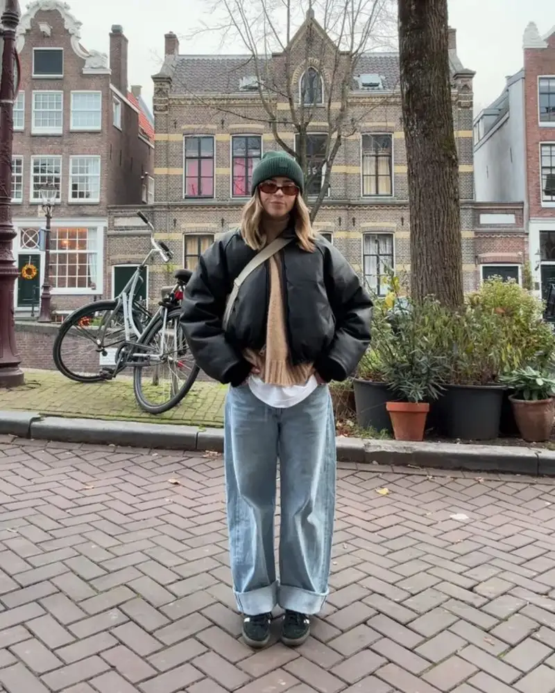 Black Bomber with Light Wash Jeans