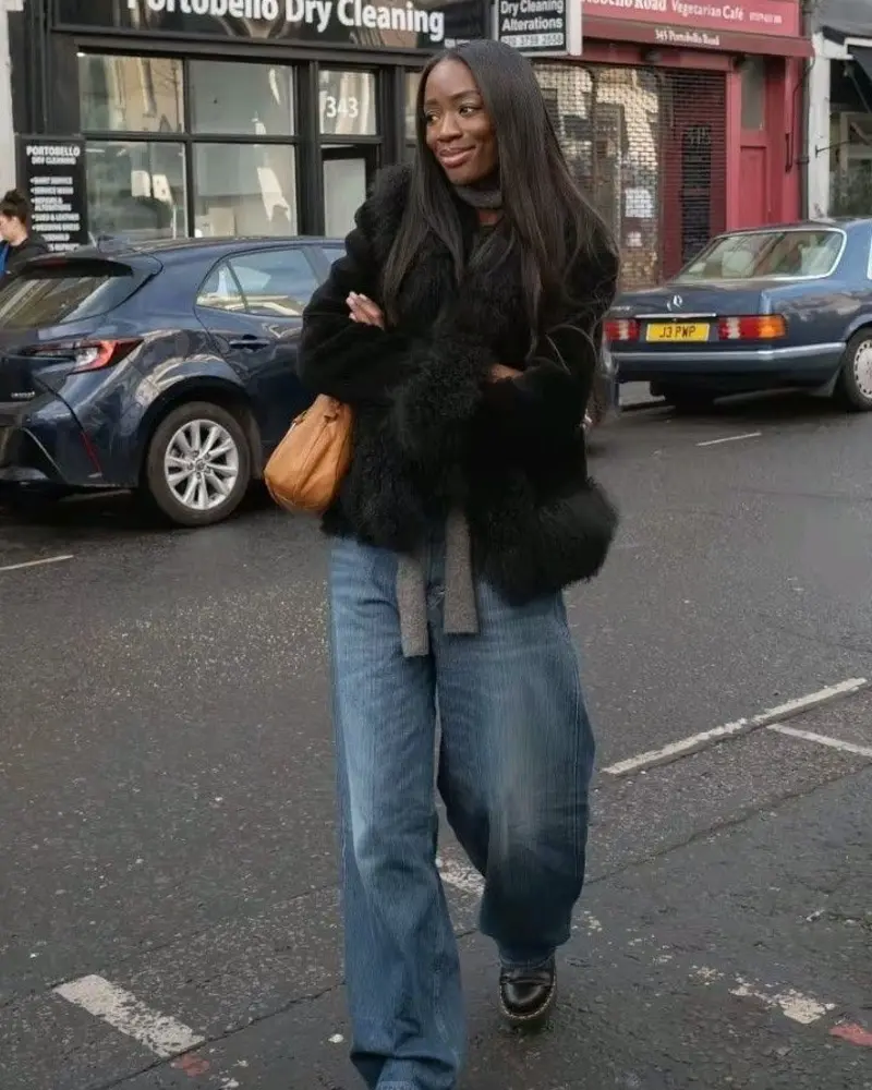 Black Fur Jacket & Wide-Leg Jeans