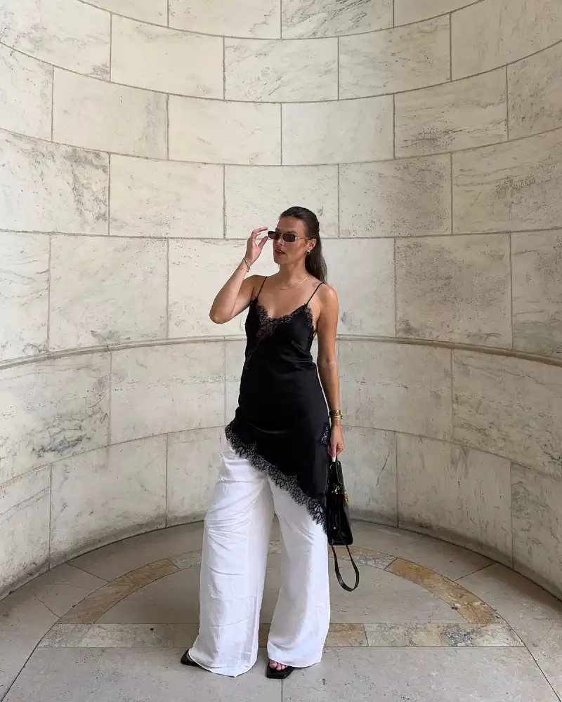 Black Lace-Trim Slip & White Trousers