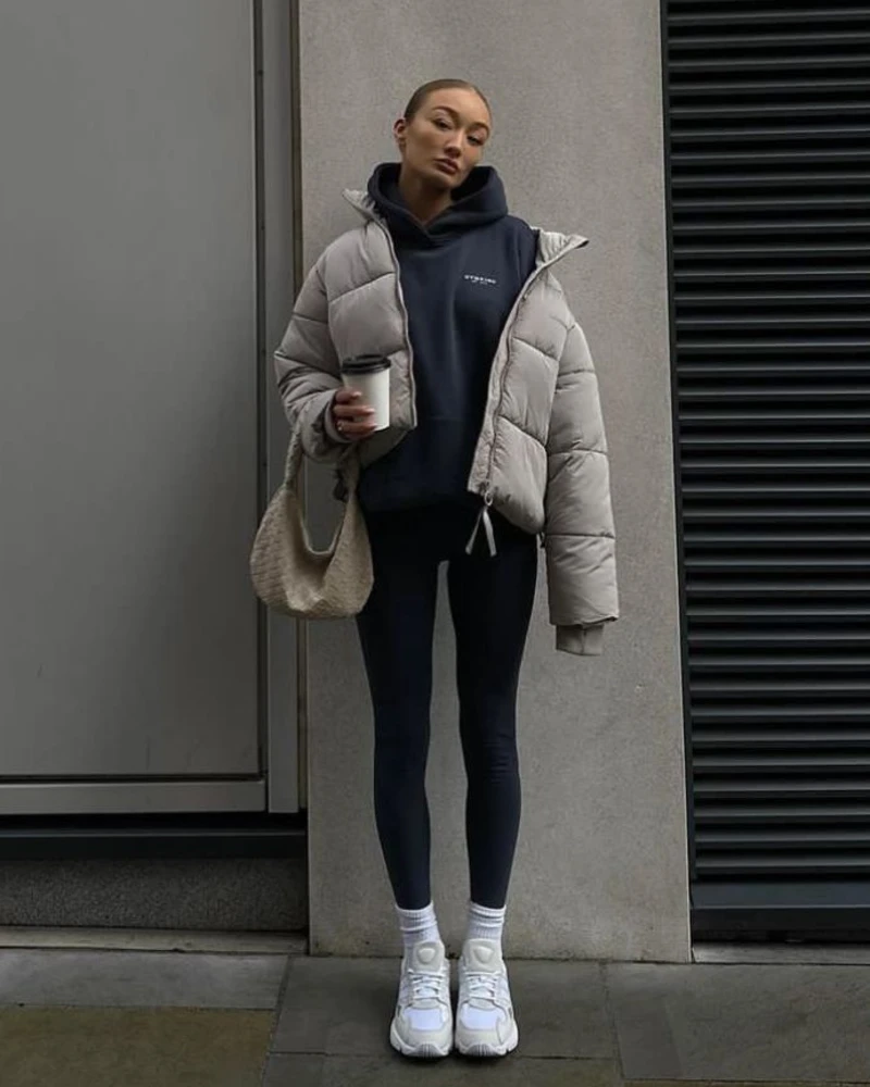 Black Leggings, a Long Hoodie, and a Cropped Puffer