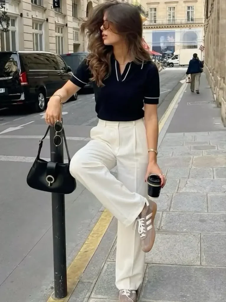 Black Polo + Cream Wide-Leg Trousers + Two-Tone Sneakers