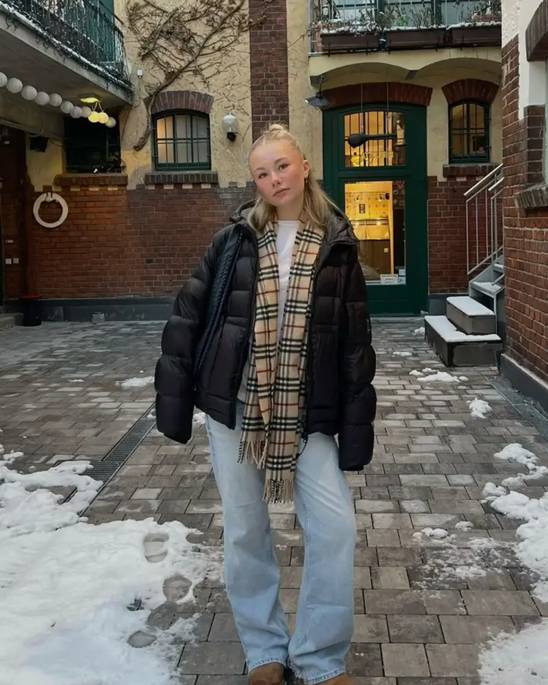 Black Puffer with Burberry Scarf