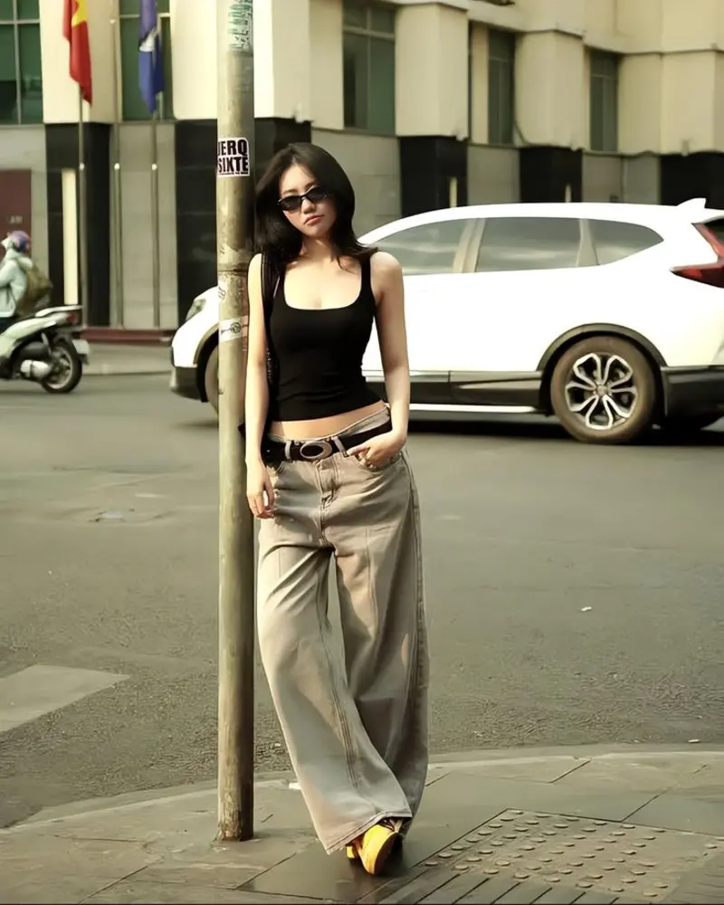 Black Square-Neck Tank with Khaki Trousers
