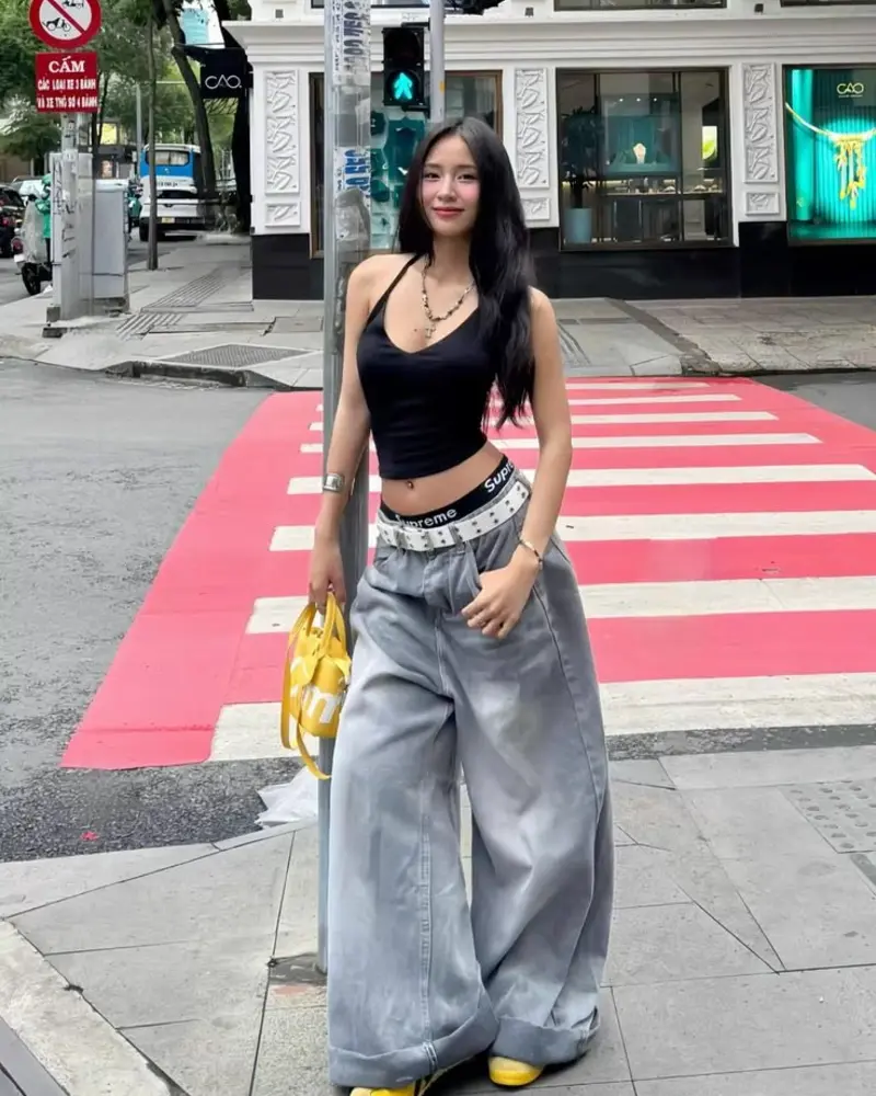 Black Tank Top with Grey Denim and Yellow Accents