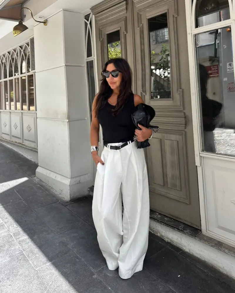  Black Tank + White Wide-Leg Linen Trousers