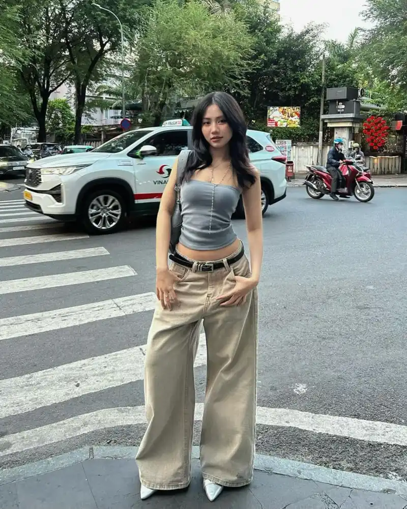 Blue-Grey Tube Top with Khaki Wide-Leg Trousers