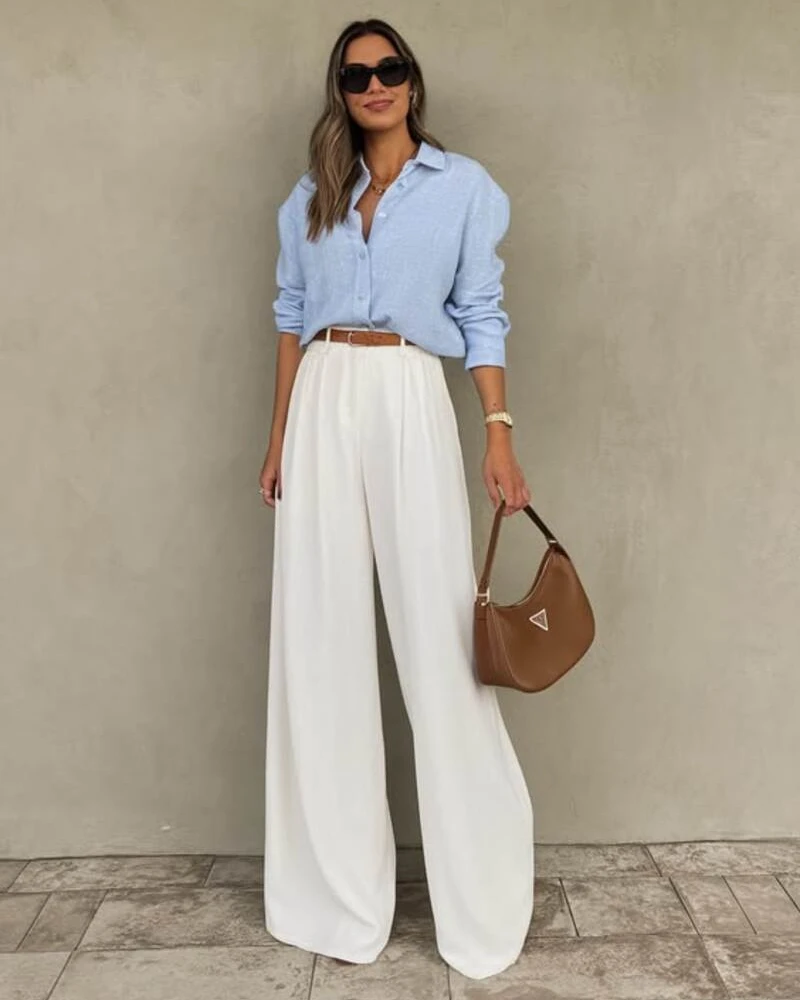 Blue Linen Shirt + White Wide-Leg Trousers