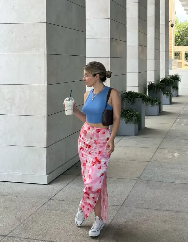 Blue Tank & Floral Mesh Maxi Skirt