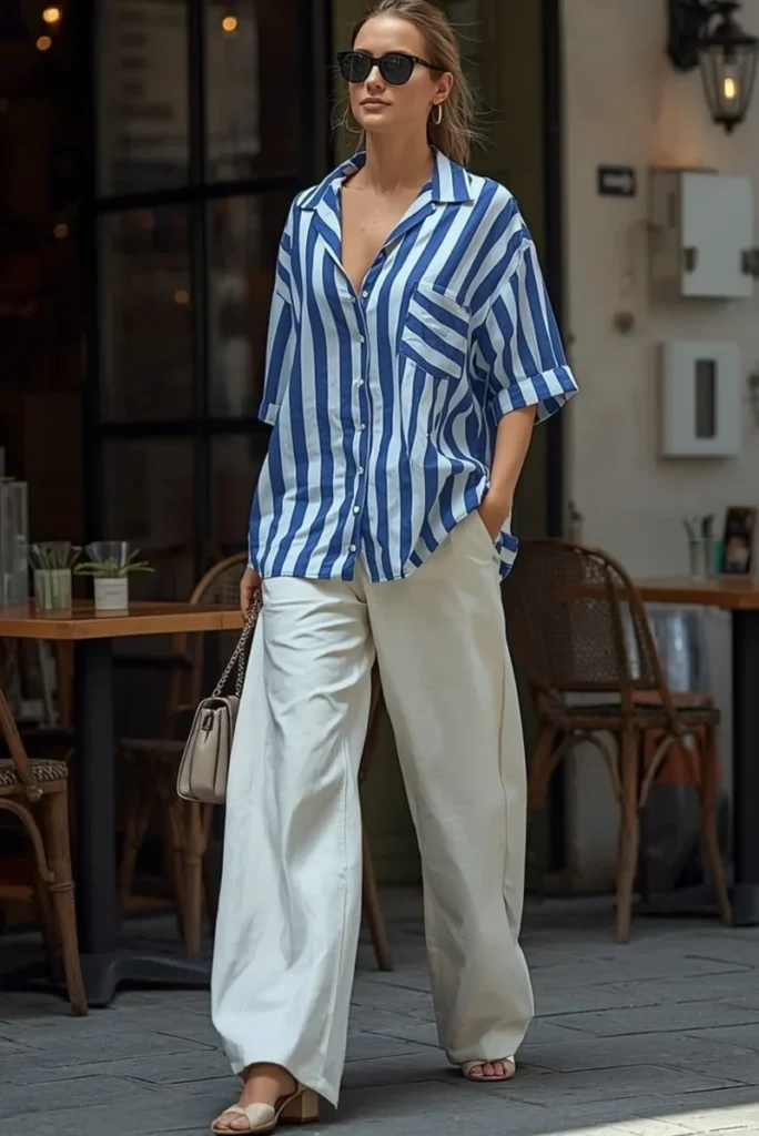 Blue and White Striped Shirt with Cream Trousers