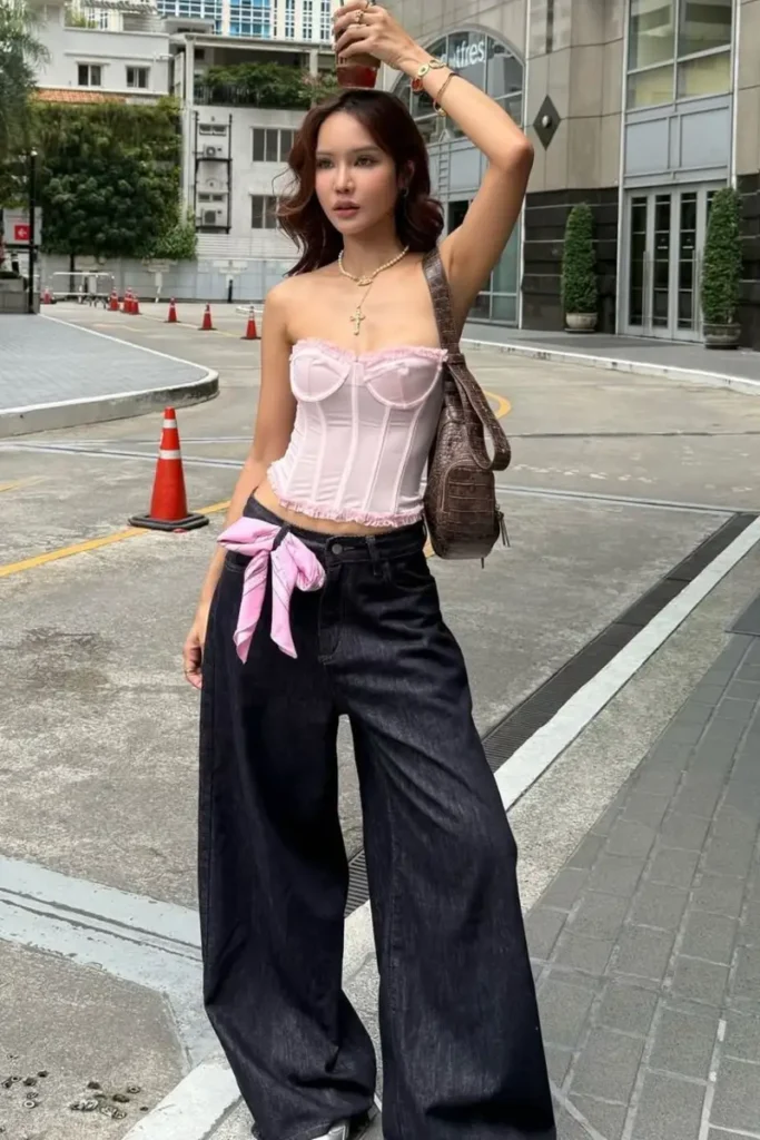 Blush Pink Corset with Black Wide-Leg Denim