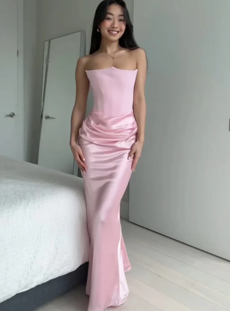  Blush Satin Strapless Gown