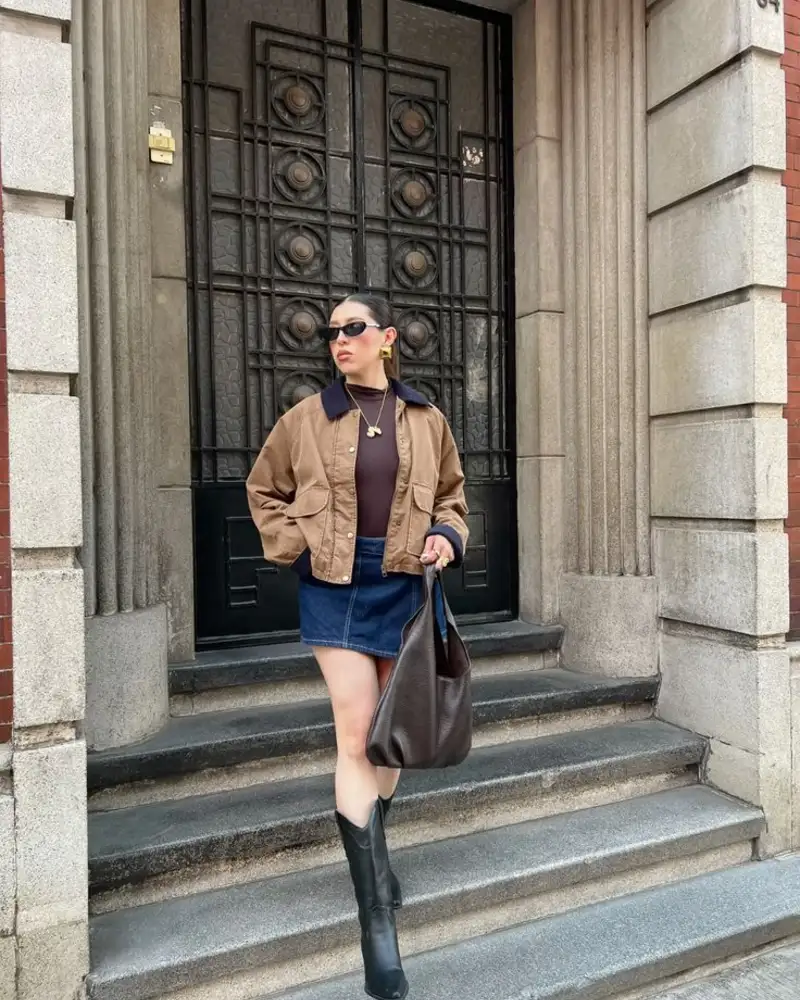  Brown Jacket & Denim Skirt