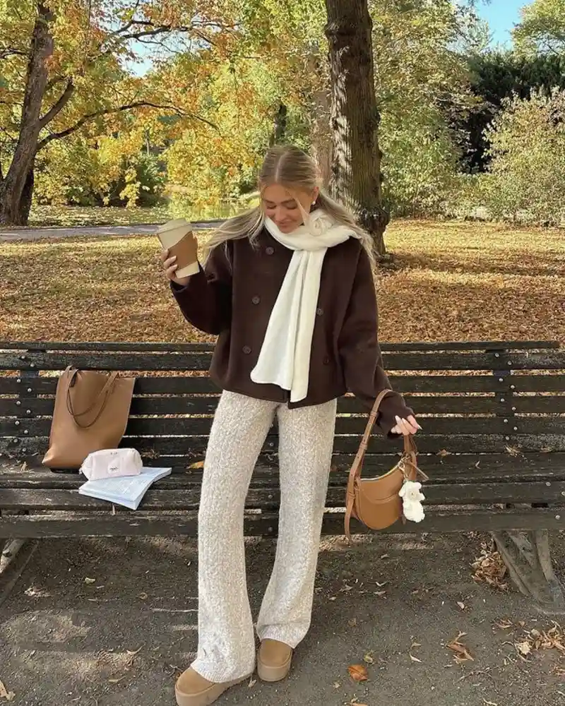 Brown Peacoat + Cream Textured Pants