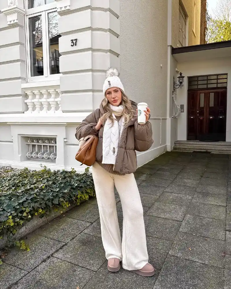 Brown Puffer with Cream Wide-Leg Pants