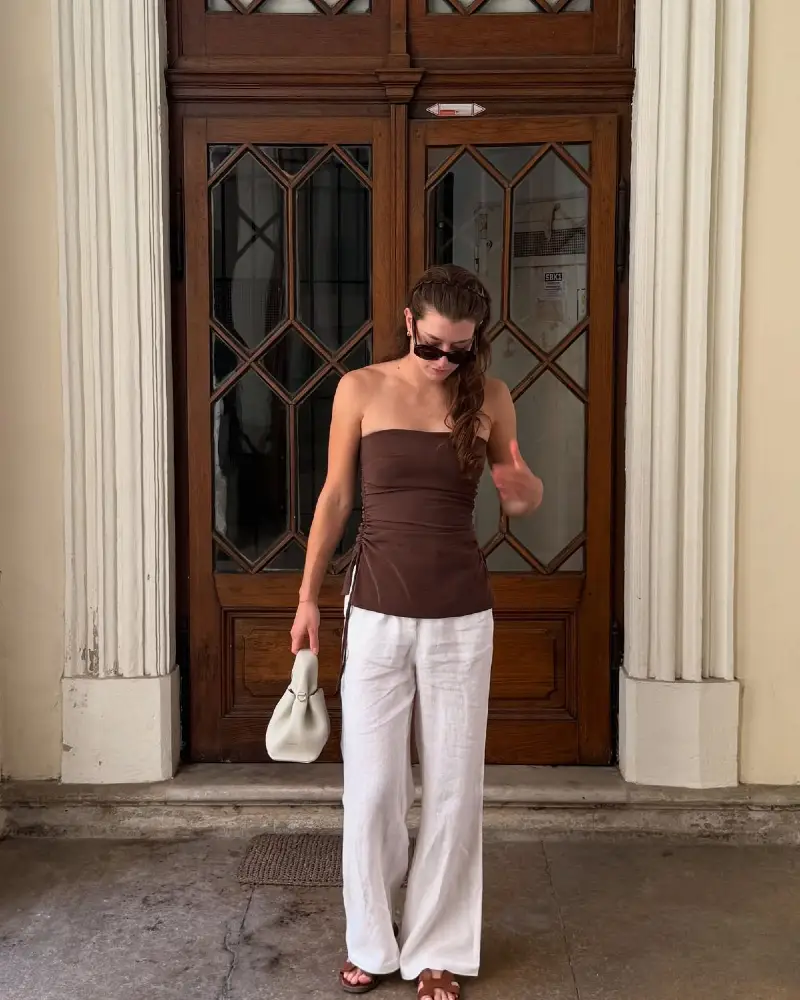 Brown Ruched Top & Linen Trousers