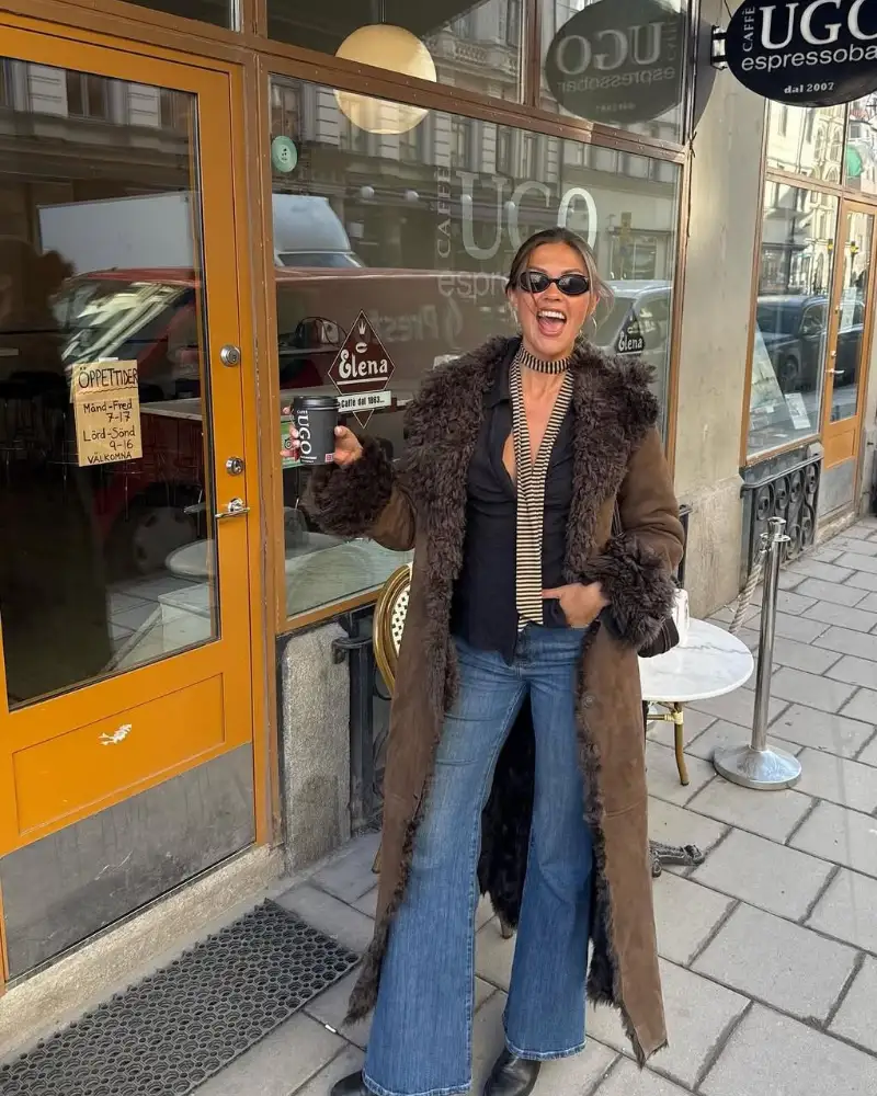 Brown Shearling Coat & Striped Top