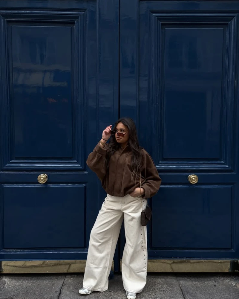 Brown Sweater & Cream Denim