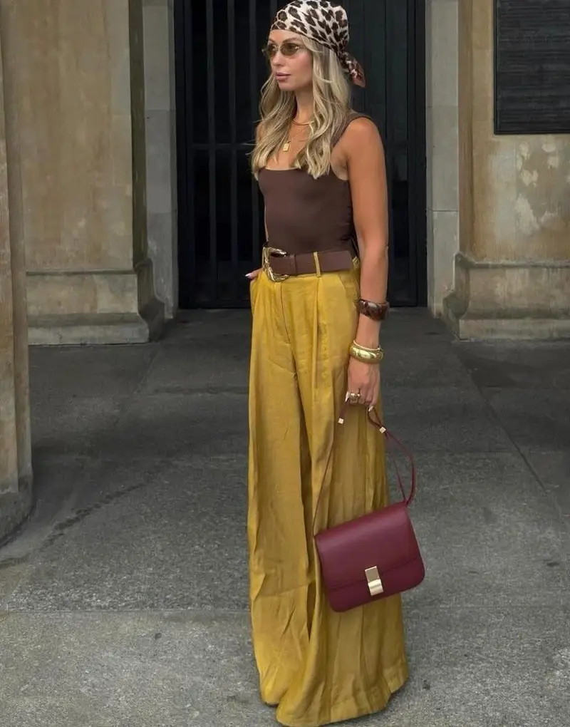 Brown Tank With Mustard Palazzo Pants