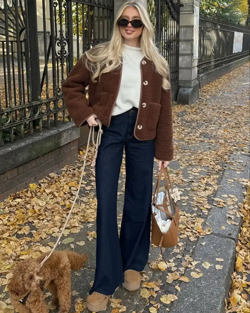 Brown Teddy Jacket + Dark Denim
