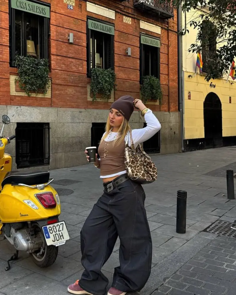 Brown Tube Top + Cargo Denim + Giraffe Print Bag