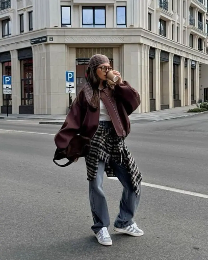 Burgundy Bomber + Plaid Shirt Tied at Waist + Wide Jeans