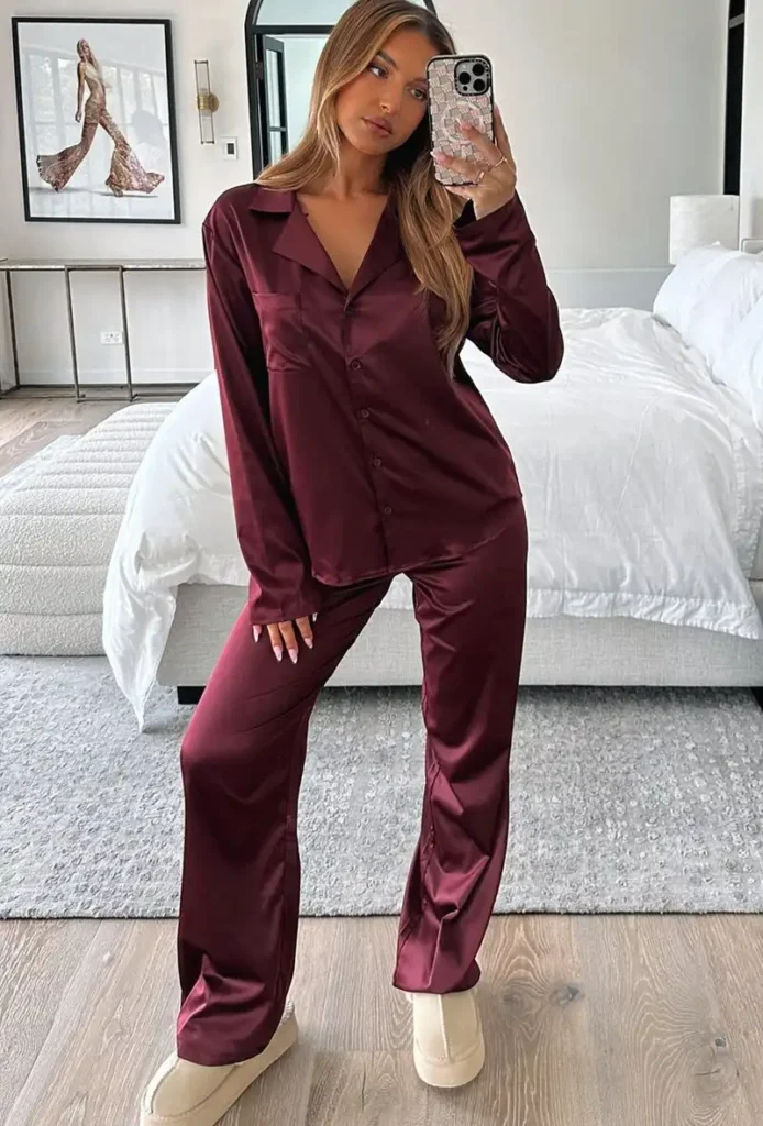 Burgundy Satin Pajamas With Slippers