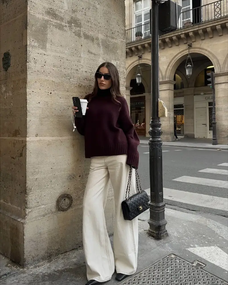Burgundy Turtleneck and Wide-Leg Cream Denim