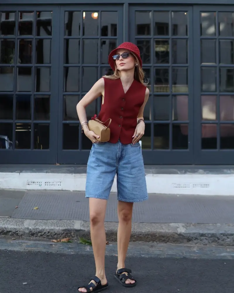Burgundy Vest & Denim Shorts
