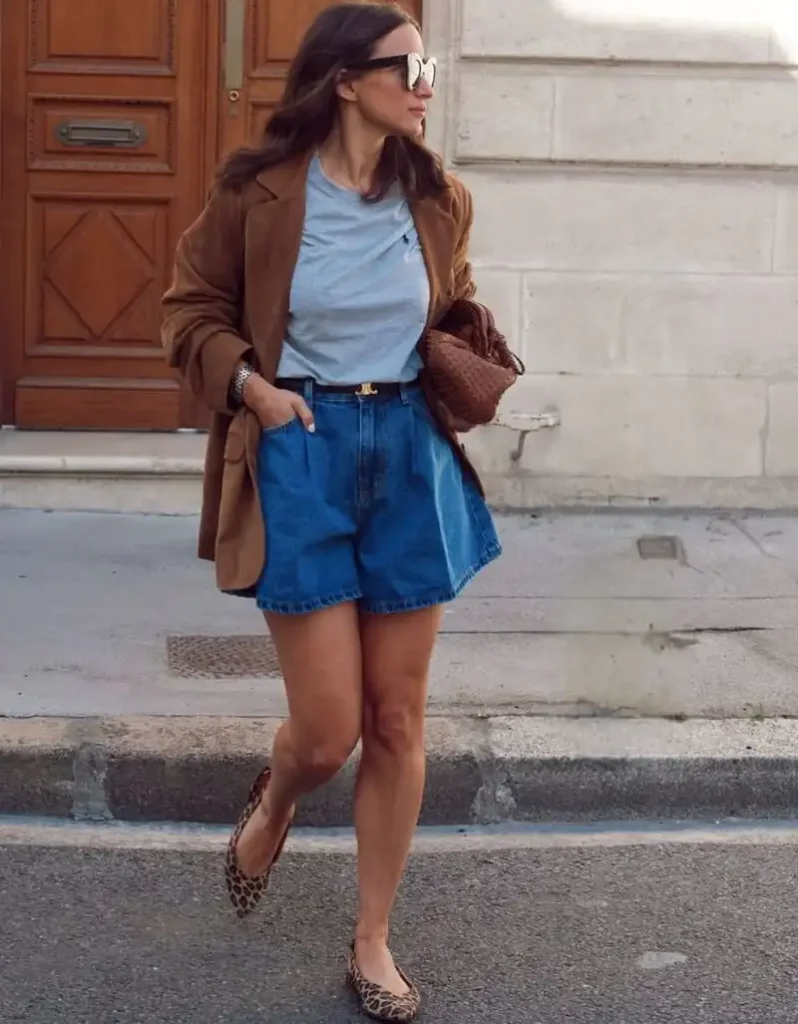  Camel Blazer With High-Waisted Denim Shorts