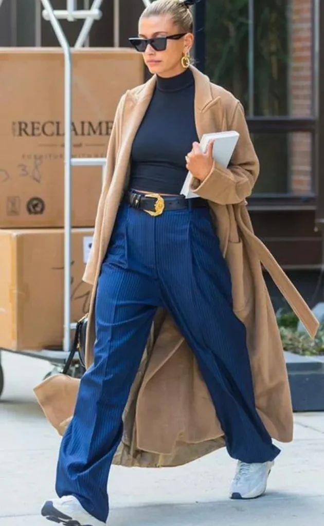 Camel Coat With Wide-Leg Blue Trousers