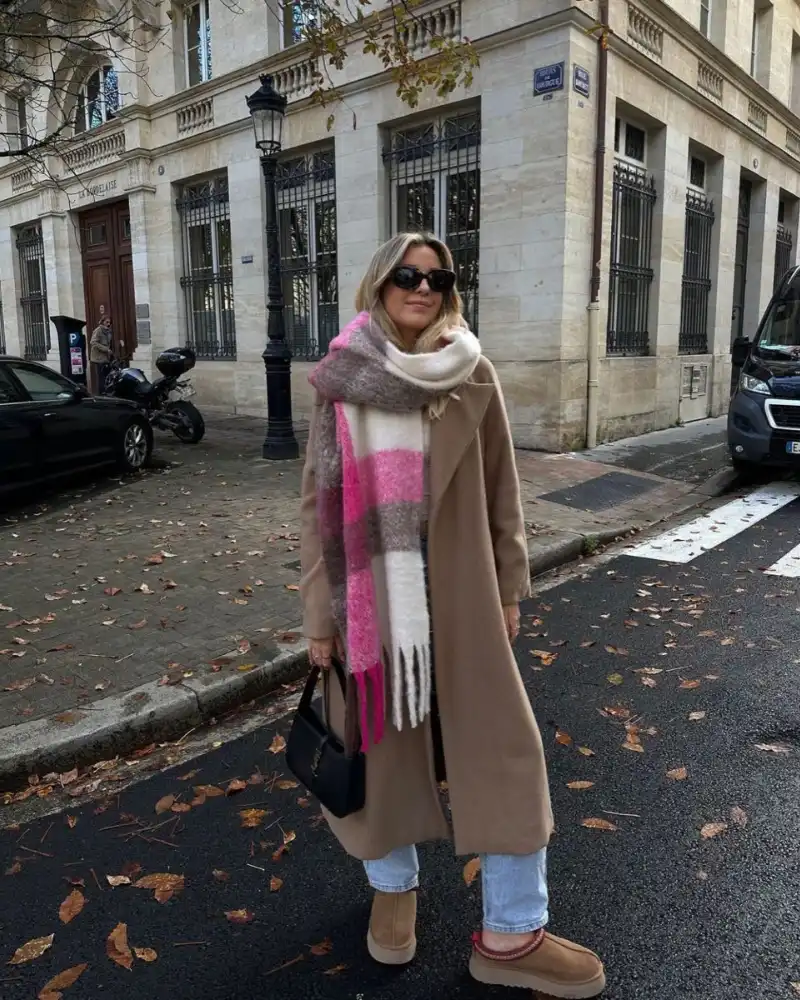 Camel Coat and Plaid Scarf in Bordeaux