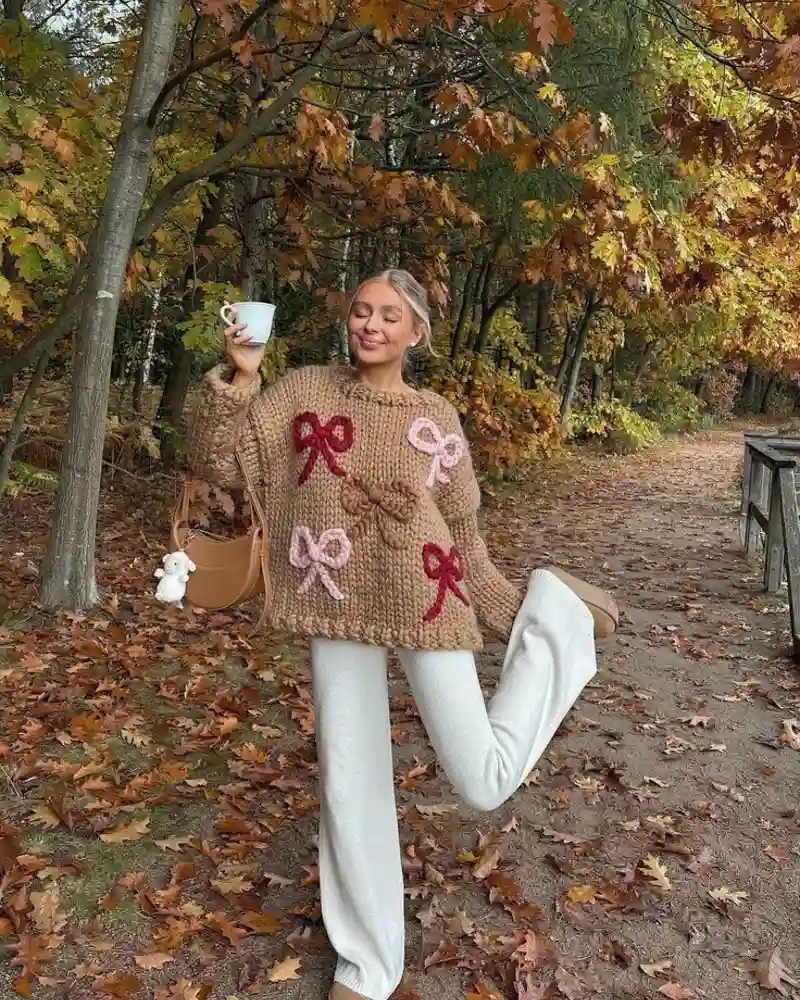  Camel Hand-Knit with Bow Appliqués + Cream Pants
