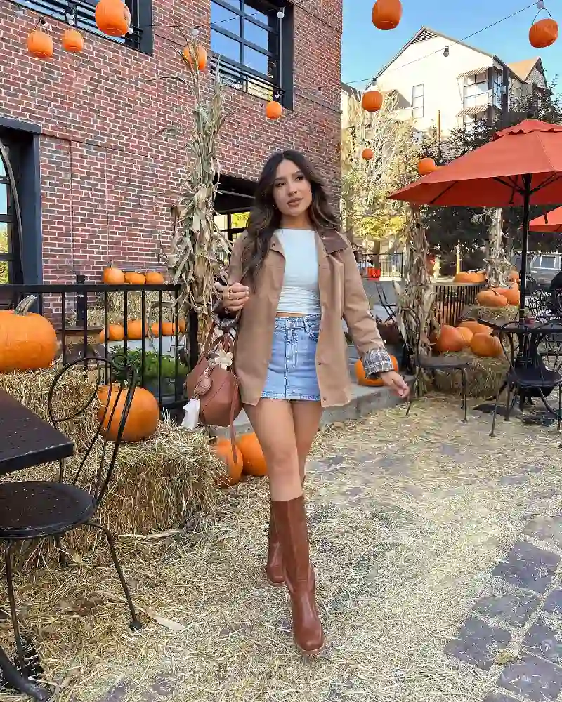 Camel Jacket with Denim Mini and White Top