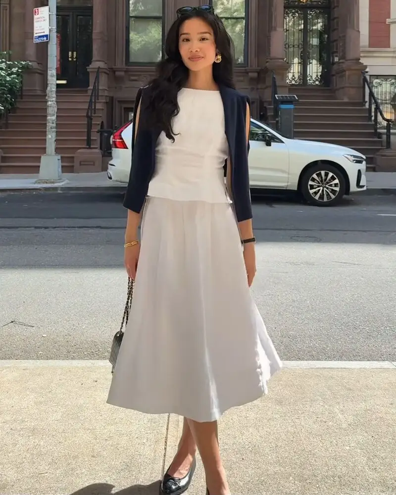 Cape-Sleeve Blazer + Pleated Midi Skirt