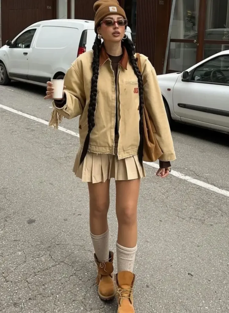 Carpenter Jacket + Pleated Mini + Tall Boots