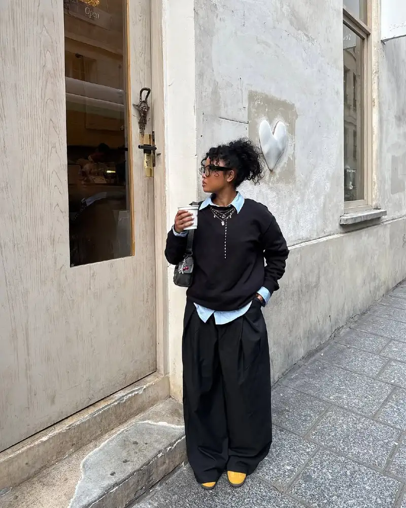 Chambray Collar Peeking Under Crewneck + Wide Trouser