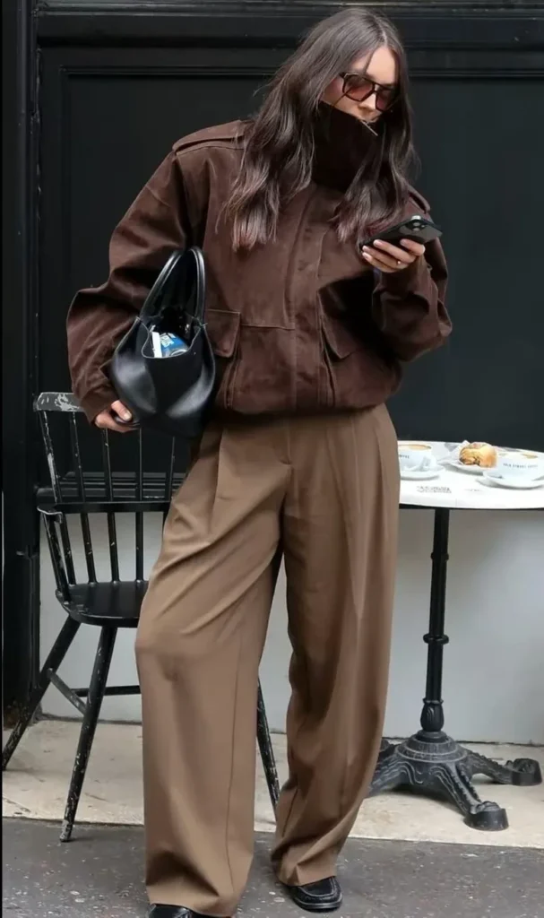 Chocolate Bomber With Tonal Brown Trousers