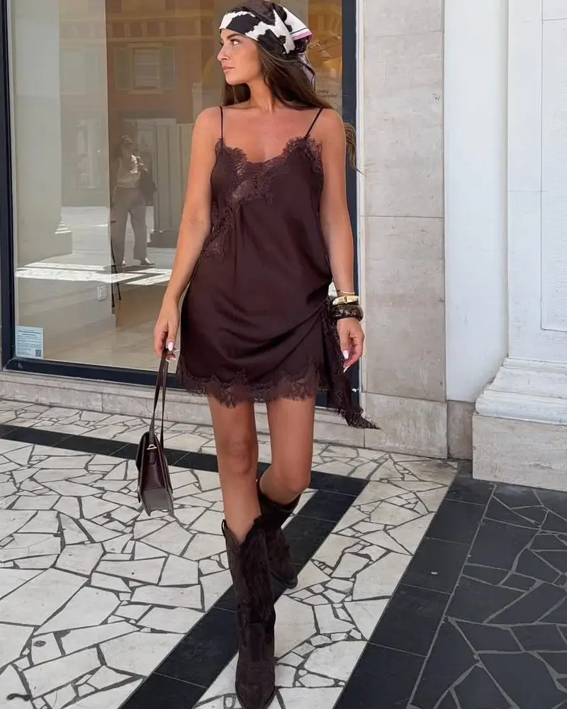Chocolate Slip Dress With Fringe Boots